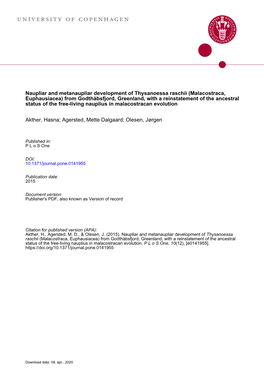 Malacostraca, Euphausiacea) from Godthåbsfjord, Greenland, with a Reinstatement of the Ancestral Status of the Free-Living Nauplius in Malacostracan Evolution