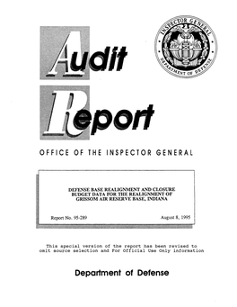 Defense Base Realignment and Closure Budget Data for the Realignment of Grissom Air Reserve Base, Indiana (Report No