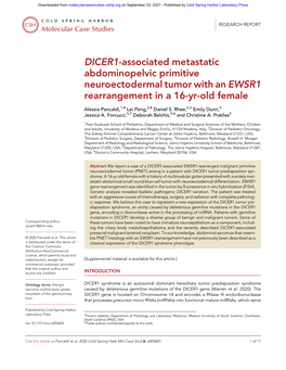 DICER1-Associated Metastatic Abdominopelvic Primitive Neuroectodermal Tumor with an EWSR1 Rearrangement in a 16-Yr-Old Female