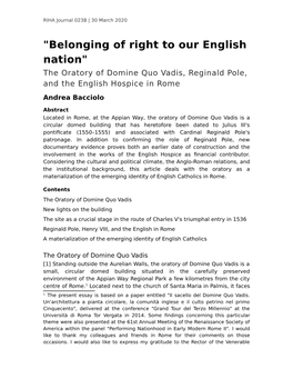 "Belonging of Right to Our English Nation" the Oratory of Domine Quo Vadis, Reginald Pole, and the English Hospice in Rome