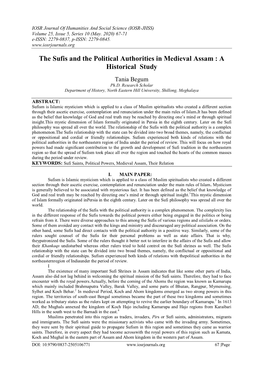 The Sufis and the Political Authorities in Medieval Assam : a Historical Study