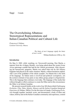 The Overwhelming Albatross: Stereotypical Representations and Italian-Canadian Political and Cultural Life