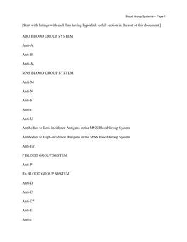 [Start with Listings with Each Line Having Hyperlink to Full Section in the Rest of This Document.] ABO BLOOD GROUP SYSTEM Anti