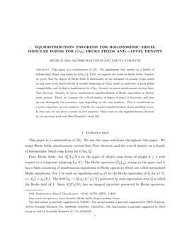 EQUIDISTRIBUTION THEOREMS for HOLOMORPHIC SIEGEL MODULAR FORMS for Gsp4; HECKE FIELDS and N-LEVEL DENSITY