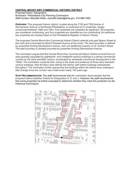 CENTRAL MOUNT AIRY COMMERCIAL HISTORIC DISTRICT Proposed Action: Designation Nominator: Philadelphia City Planning Commission St