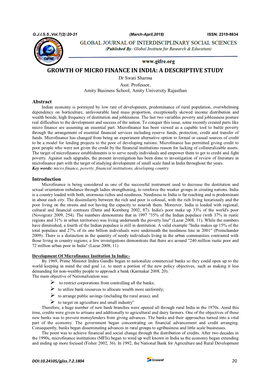 GROWTH of MICRO FINANCE in INDIA: a DESCRIPTIVE STUDY Dr Swati Sharma Asst