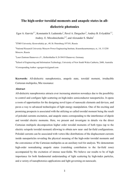 The High-Order Toroidal Moments and Anapole States in All- Dielectric Photonics