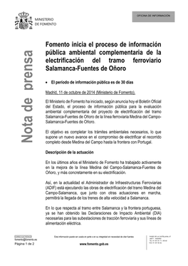 Fomento Inicia El Proceso De Información Pública Ambiental Complementaria De La Electrificación Del Tramo Ferroviario Salamanca-Fuentes De Oñoro