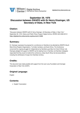 September 29, 1976 Discussion Between SWAPO with Dr Henry Kissinger, US Secretary of State, in New York