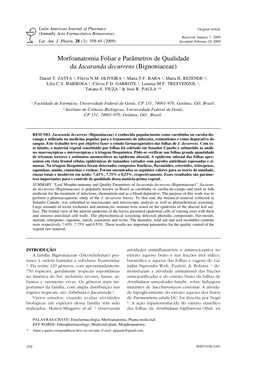 Morfoanatomia Foliar E Parâmetros De Qualidade Da Jacaranda Decurrens (Bignoniaceae)