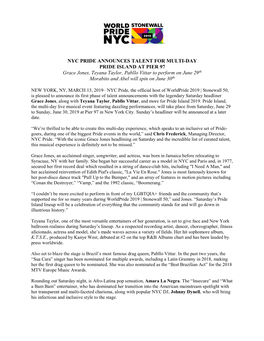 Nyc Pride Announces Talent for Multi-Day Pride Island