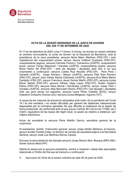 Acta De La Sessió Ordinària De La Junta De Govern Del Dia 17 De Setembre De 2020