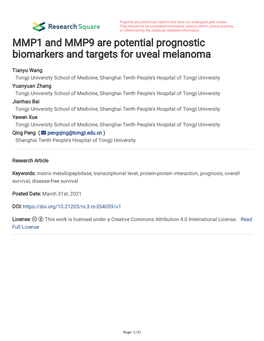 MMP1 and MMP9 Are Potential Prognostic Biomarkers and Targets for Uveal Melanoma