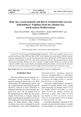 Body Size, Sexual Maturity and Diet in Chelidonichthys Lucerna (Osteichthyes: Triglidae) from the Adriatic Sea, North Eastern Mediterranean