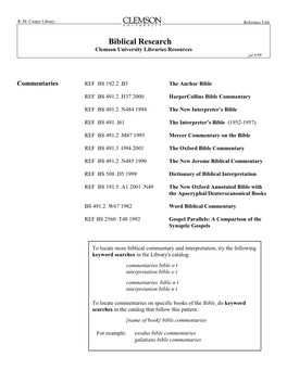 Biblical Research Clemson University Libraries Resources Pd 6/09