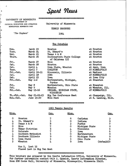 • University of Minnesota TENNIS BROCHURE 1964 the Schedule