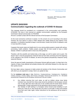 UPDATE 28/02/2020 Communication Regarding the Outbreak of COVID-19 Disease