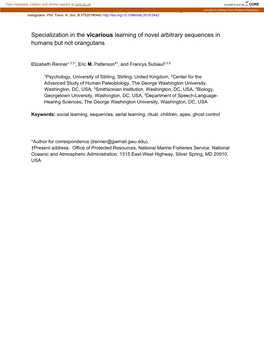 Specialization in the Vicarious Learning of Novel Arbitraryprovided Sequences by Stirling Onlinein Humans Research but Repository Not Orangutans