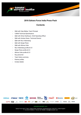 2016 Sahara Force India Press Pack Contents