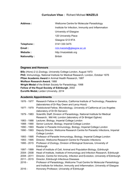 Curriculum Vitae : Richard Michael MAIZELS Degrees and Honours