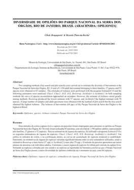 Diversidade De Opiliões Do Parque Nacional Da Serra Dos Órgãos, Rio De Janeiro, Brasil (Arachnida: Opiliones)
