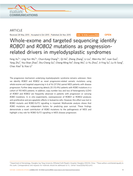 Whole-Exome and Targeted Sequencing Identify ROBO1 and ROBO2 Mutations As Progression- Related Drivers in Myelodysplastic Syndromes