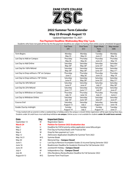 2022 Summer Term Calendar May 23 Through August 13 Updated September 15, 2021 Fee Payment Deadline: Wednesday May 4 by 1 P.M