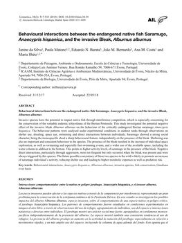 Behavioural Interactions Between the Endangered Native Fish Saramugo, Anaecypris Hispanica, and the Invasive Bleak, Alburnus Alburnus