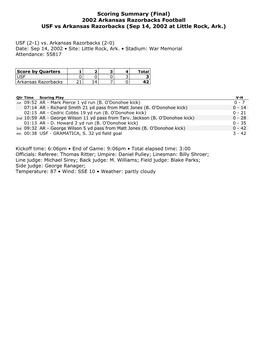 Scoring Summary (Final) 2002 Arkansas Razorbacks Football USF Vs Arkansas Razorbacks (Sep 14, 2002 at Little Rock, Ark.)