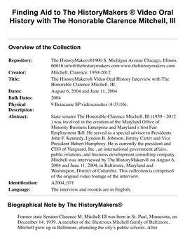 Finding Aid to the Historymakers ® Video Oral History with the Honorable Clarence Mitchell, III