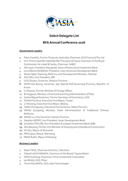 Select Delegate List BFA Annual Conference 2016