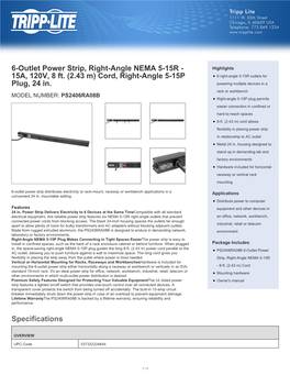 Specifications 6-Outlet Power Strip, Right-Angle NEMA 5-15R