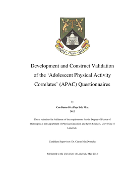 'Adolescent Physical Activity Correlates' (APAC) Questionnaires