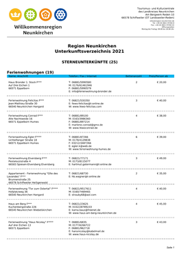 Region Neunkirchen Unterkunftsverzeichnis 2021