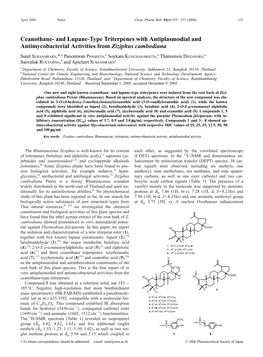 Ceanothane-And Lupane-Type Triterpenes with Antiplasmodial And