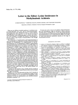 Letter to the Editor: Lysine Intolerance in Methylmalonic Acidemia