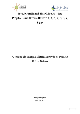 Estudo Ambiental Simplificado - EAS Projeto Usina Pereira Barreto 1, 2, 3, 4, 5, 6, 7, 8 E 9