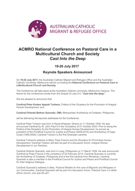 ACMRO National Conference on Pastoral Care in a Multicultural Church and Society Cast Into the Deep 19-20 July 2017 Keynote Speakers Announced