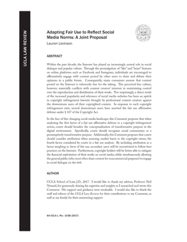 Adapting Fair Use to Reflect Social Media Norms: a Joint Proposal Lauren Levinson