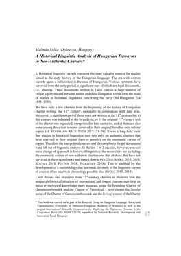 A Historical Linguistic Analysis of Hungarian Toponyms in Non-Authentic Charters*