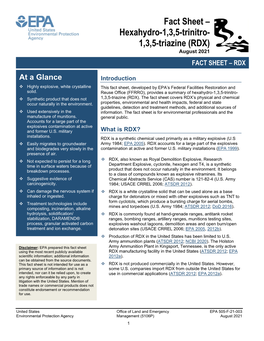 Fact Sheet – Hexahydro-1,3,5-Trinitro- 1,3,5-Triazine (RDX) August 2021 FACT SHEET – RDX