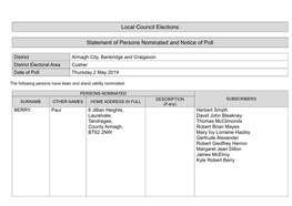 Cusher Date of Poll Thursday 2 May 2019