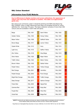 RAL Colour Standard Information from FLAG Website