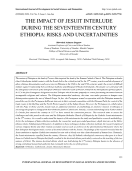 The Impact of Jesuit Interlude During the Seventeenth Century Ethiopia: Risks and Uncertainities