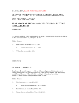 Greaves Family of Stepney, London, England, and Descendants of Rear Admiral Thomas Graves of Charlestown, Massachusetts