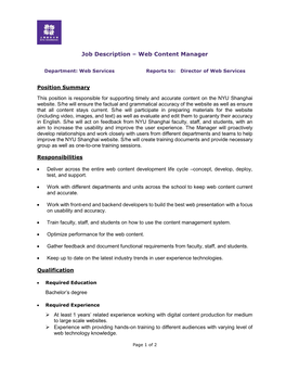 Job Description – Web Content Manager