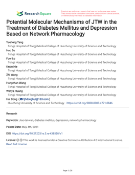 Potential Molecular Mechanisms of JTW in the Treatment of Diabetes Mellitus and Depression Based on Network Pharmacology