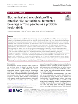 A Traditional Fermented Beverage of Toto People) As a Probiotic Health Drink Soumita Bhattacharjee1, Pallab Kar1, Indrani Sarkar1, Arnab Sen1 and Chandra Ghosh2*