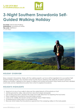 3-Night Southern Snowdonia Self- Guided Walking Holiday