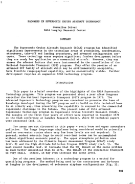 PROGRESS in SUPERSONIC CRUISE AIRCRAFT TECHNOLOGY Cornelius Driver NASA Langley Research Center SUMMARY the Supersonic Cruise Ai